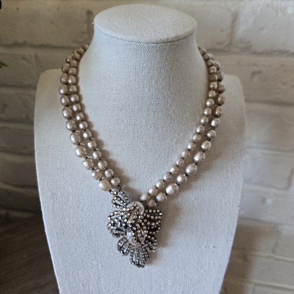 Vtg Signed 40s 50s Miriam Haskell Baroque Pearl Multi Strand Necklace, 14" - Picture 6 of 16